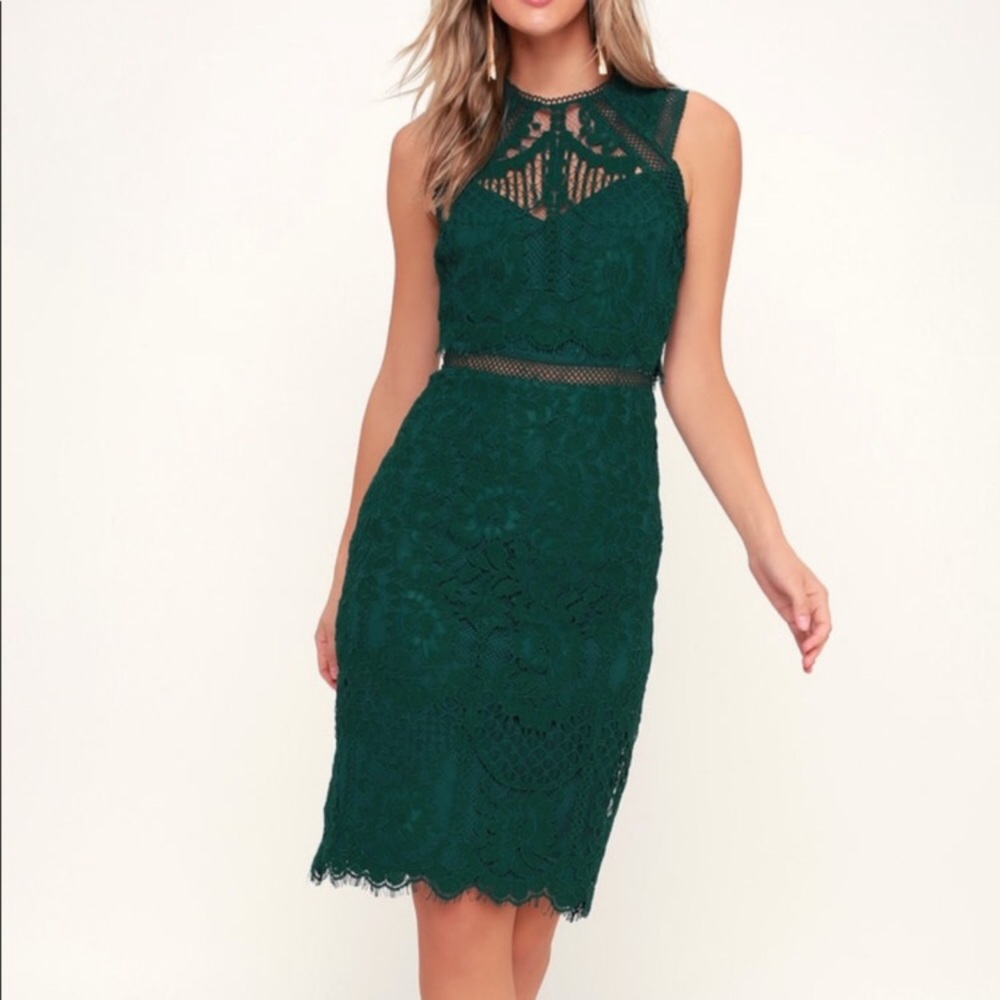 Hunter green lace midi dress from lulus